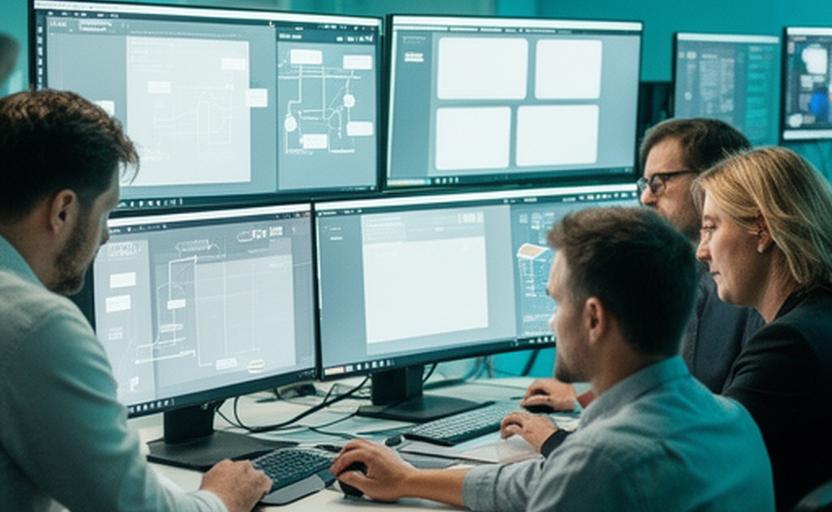 Osborne Digital team working side-by-side at a modern desk setup with monitors showing technology solutions