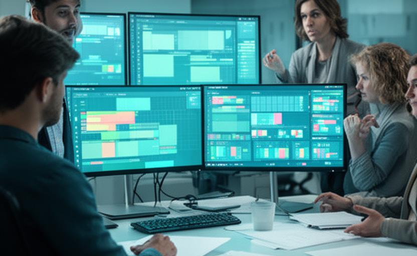 Office operations team watching performance dashboards on monitors for efficiency and collaboration