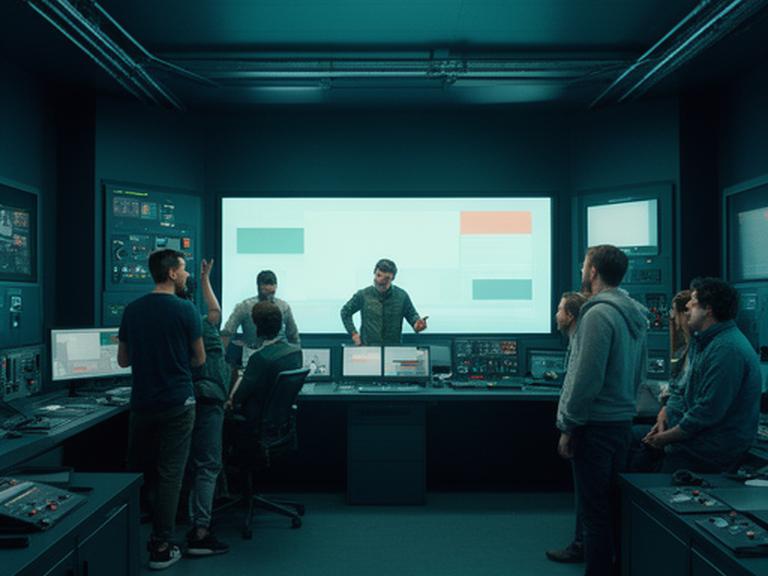 Team reviewing intelligent systems dashboard during a technology solution launch in a calm control room setting
