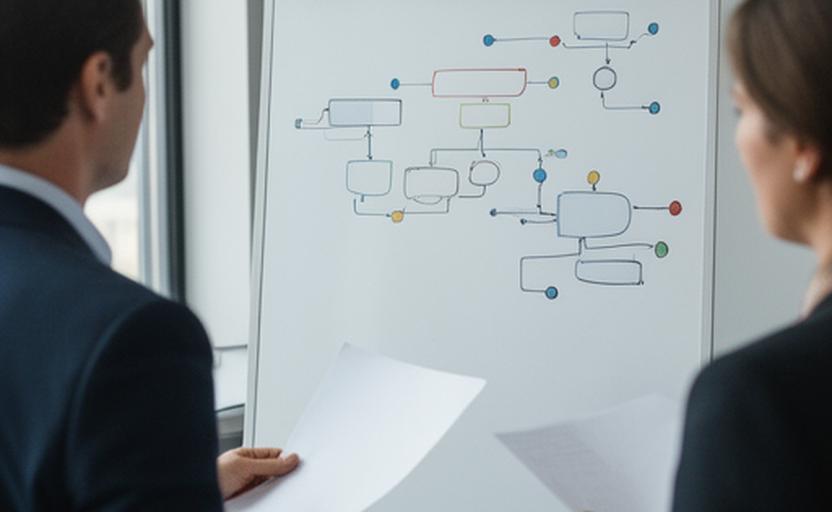 Project lead and client reviewing an onboarding workflow plan on a whiteboard with connected system diagrams