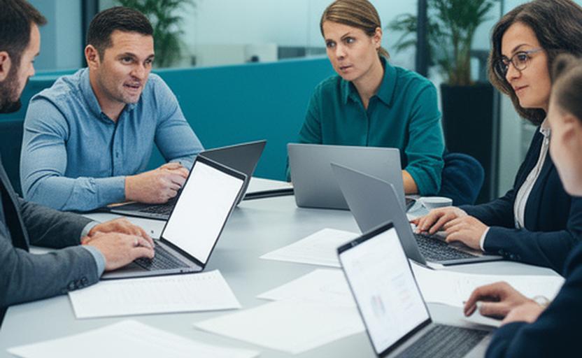 Client team discussing implementation results in a UK office meeting with laptops and printed reports